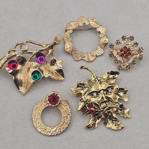 Jewelry - Rhinestone Brooch Lot Gold Tone Leaf Wreath Botanical 5pc Nature